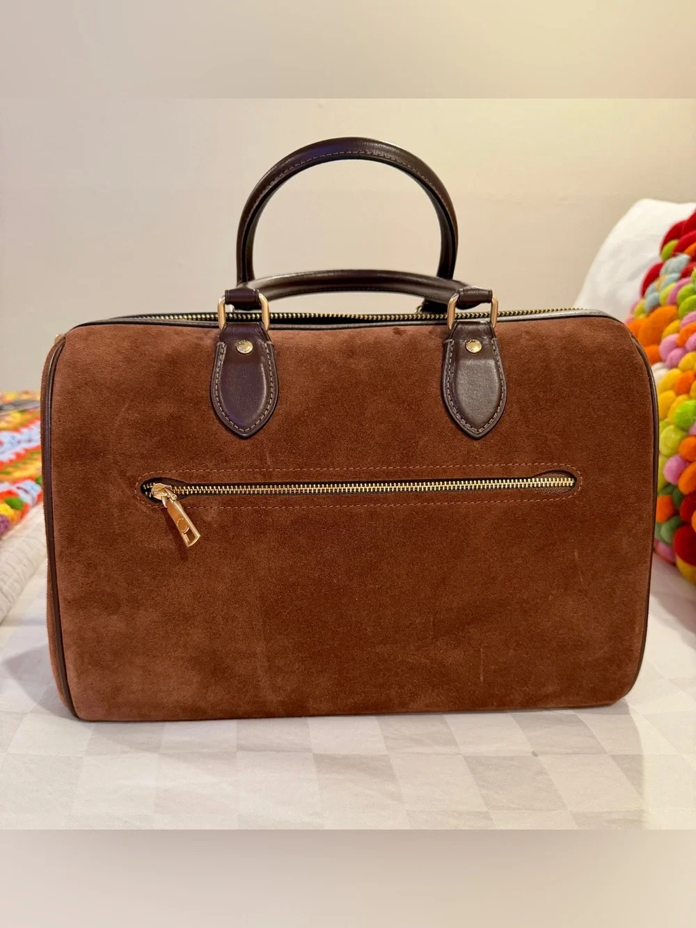 Coach Brown Suede Leather Top-Handle Satchel with Dark Brown Trim
